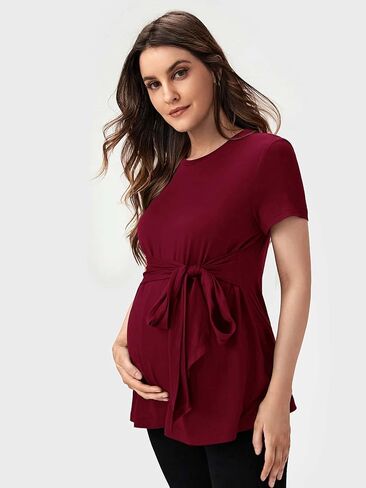 OYOANGLE Women's Basic Maternity Tshirts Tie Front Short Sleeve Crewneck Tee Shirt Peplum Tops in Saudi Arabia