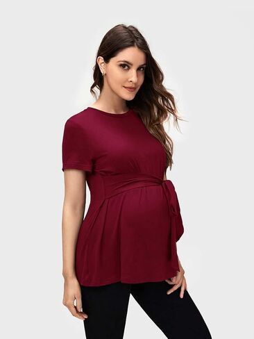 OYOANGLE Women's Basic Maternity Tshirts Tie Front Short Sleeve Crewneck Tee Shirt Peplum Tops in Saudi Arabia