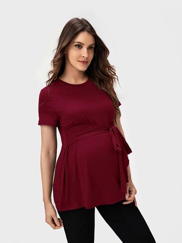 OYOANGLE Women's Basic Maternity Tshirts Tie Front Short Sleeve Crewneck Tee Shirt Peplum Tops in Saudi Arabia