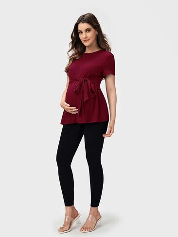 OYOANGLE Women's Basic Maternity Tshirts Tie Front Short Sleeve Crewneck Tee Shirt Peplum Tops in Saudi Arabia