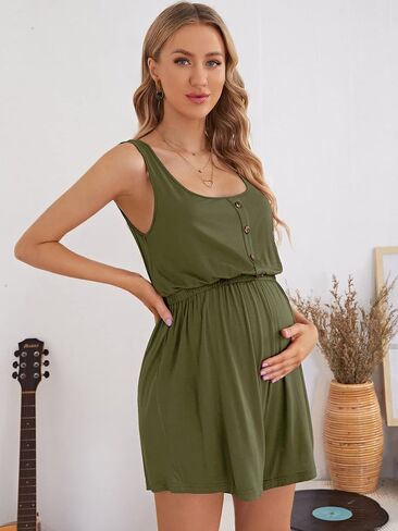 Verdusa Women's Maternity Romper Lightweight Button Jumpsuit Shorts | Scoop Neck Button Front Elastic Waist Romper Shorts with Pocket Summer in Saudi Arabia