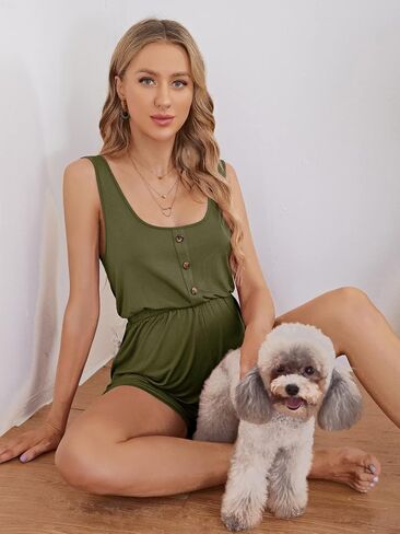 Verdusa Women's Maternity Romper Lightweight Button Jumpsuit Shorts | Scoop Neck Button Front Elastic Waist Romper Shorts with Pocket Summer in Saudi Arabia
