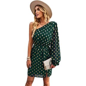 فستان نسائي صيفي كاجوال بكتف واحد وأكمام طويلة من الشيفون 2023 ربيعي بوهو سويسري منقط سبليت فستان قصير انسيابي قصير على شكل حرف a أخضر XL in Kuwait