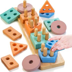 Wooden Sorting & Stacking Toys, Montessori Toys for 1 2 3 Years Old Toddlers, Shape Sorter Puzzles with 24-Piece Large Geometric Blocks & 12 Word Cards, Gift for 12+ Months Baby Boys Girls