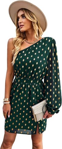 Women's Casual Summer One Shoulder Long Sleeve Chiffon Dresses 2023 Spring Boho Swiss Dot Split Flowy Short Mini A-Line Dress Green XL in Kuwait
