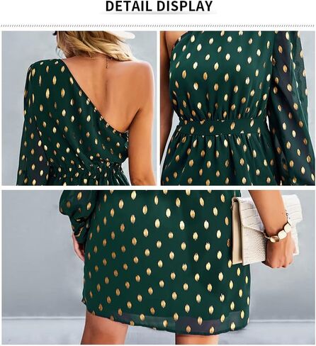 Women's Casual Summer One Shoulder Long Sleeve Chiffon Dresses 2023 Spring Boho Swiss Dot Split Flowy Short Mini A-Line Dress Green XL in Kuwait