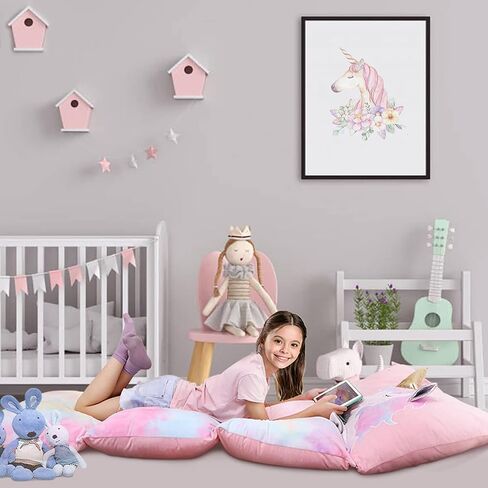 وسادة Yoweenton Unicorn باللون الوردي، وسادة أطفال بحجم كوين وكرسي استرخاء على الأرض لديكورات غرفة الفتيات، غطاء مخملي ناعم للغاية فقط in Saudi Arabia