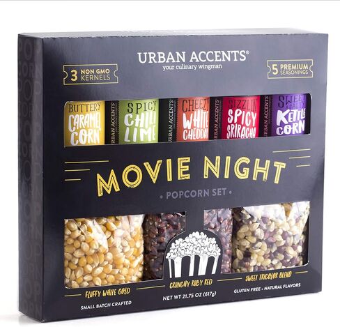Urban Accents MOVIE NIGHT مجموعة متنوعة من حبات الفشار وتوابل الفشار (مجموعة من 8) - 3 عبوات نواة الفشار غير المعدلة وراثيًا و5 توابل للوجبات الخفيفة من الفشار الذواقة in Saudi Arabia