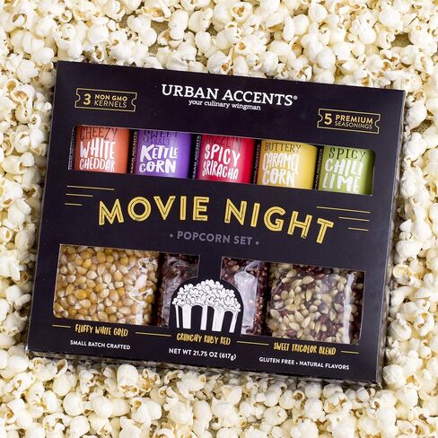 Urban Accents MOVIE NIGHT مجموعة متنوعة من حبات الفشار وتوابل الفشار (مجموعة من 8) - 3 عبوات نواة الفشار غير المعدلة وراثيًا و5 توابل للوجبات الخفيفة من الفشار الذواقة in Saudi Arabia
