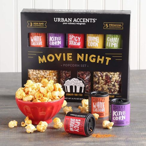 Urban Accents MOVIE NIGHT مجموعة متنوعة من حبات الفشار وتوابل الفشار (مجموعة من 8) - 3 عبوات نواة الفشار غير المعدلة وراثيًا و5 توابل للوجبات الخفيفة من الفشار الذواقة in Saudi Arabia