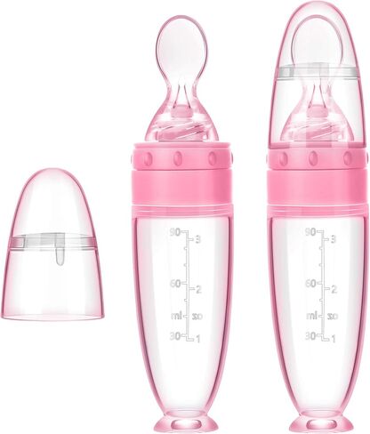 2 Pieces Silicone Baby Spoons Baby Feeding Spoon with Standing Base for Infant 0-24 Months Dispensing and Feeding (Pink) in Saudi Arabia