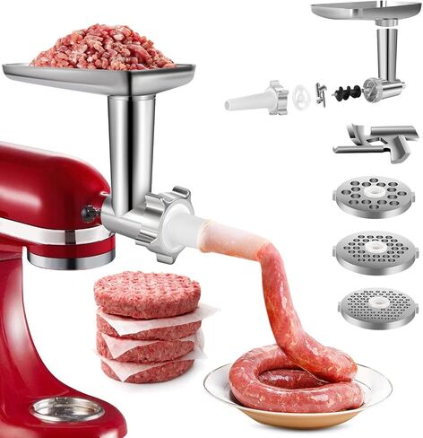 Upgraded Metal Food Meat Grinder Attachment for Kitchenaid Stand Mixer, KitchenAid Meat Grinder Attachments Including Sausage Stuffer & 4 Grinding Blades for Versatile Cooking in Kuwait