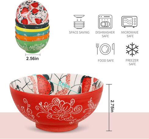 ديكو طقم اوعية بورسلين (18 اونصة، 6 قطع) - للحبوب والشوربة والسلطة والمعكرونة والفواكه والايس كريم - امنة للاستخدام في الميكروويف وغسالة الصحون، تصميمات متنوعة in Kuwait