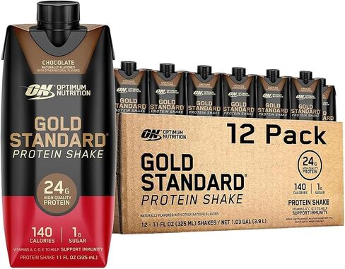 Optimum Nutrition Gold Standard Protein Shake, 24g Protein, Ready to Drink Protein Shake, Gluten Free, Vitamin C for Immune Support, Chocolate, 11 Fl Oz, Pack of 4 (Packaging May Vary) in Kuwait