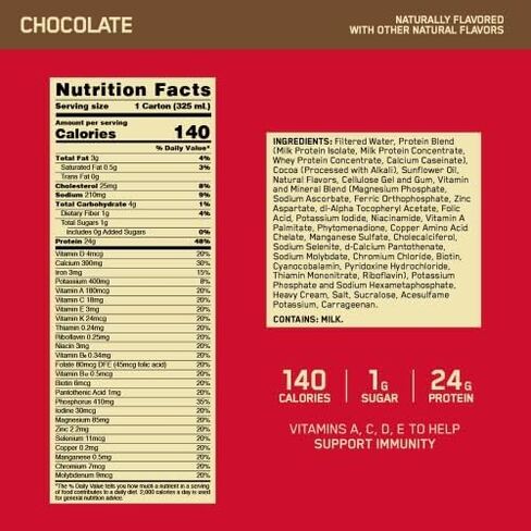 Optimum Nutrition Gold Standard Protein Shake, 24g Protein, Ready to Drink Protein Shake, Gluten Free, Vitamin C for Immune Support, Chocolate, 11 Fl Oz, Pack of 4 (Packaging May Vary) in Kuwait