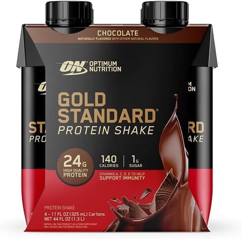 Optimum Nutrition Gold Standard Protein Shake, 24g Protein, Ready to Drink Protein Shake, Gluten Free, Vitamin C for Immune Support, Chocolate, 11 Fl Oz, Pack of 4 (Packaging May Vary) in Kuwait
