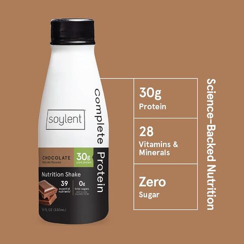 Soylent Chocolate High Protein Shake 30g Vegan Protein, Complete Energy Gluten-Free Vegan Protein Nootropics Shake, Chocolate, 11 Oz (12 Pack) in Saudi Arabia