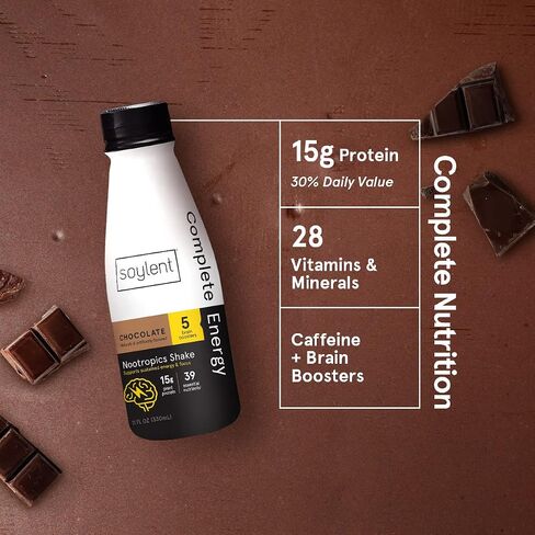 Soylent Chocolate High Protein Shake 30g Vegan Protein, Complete Energy Gluten-Free Vegan Protein Nootropics Shake, Chocolate, 11 Oz (12 Pack) in Saudi Arabia