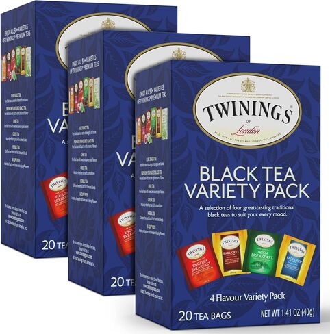 Twinings Black Tea Variety Pack with Earl Grey Tea, English Breakfast Tea, Irish Breakfast Tea, and Lady Grey Tea Bags, Individually Wrapped, 20 Count Ea (Pack of 3) in Saudi Arabia