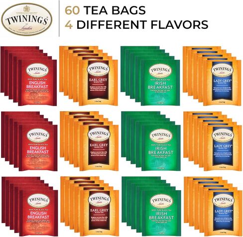 Twinings Black Tea Variety Pack with Earl Grey Tea, English Breakfast Tea, Irish Breakfast Tea, and Lady Grey Tea Bags, Individually Wrapped, 20 Count Ea (Pack of 3) in Saudi Arabia