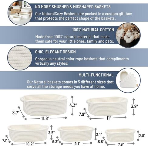 NaturalCozy 5-Piece Rectangle Storage Basket Set- Natural Cotton Rope Woven Baskets for Organizing! Small Basket for Montessori, Baby Nursery, Dog Toy Baskets, Cat Toy Box, Bathroom Organization Bin in Saudi Arabia