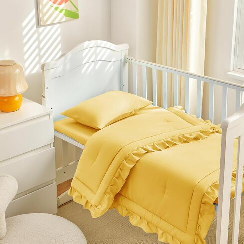 3 Pieces Crib Bedding Set Baby Ruffle Quilted Comforter with Fitted Sheet and Pillow - Cute Ruffled Shabby Chic Bedding Soft Blanket Design Gray in Kuwait