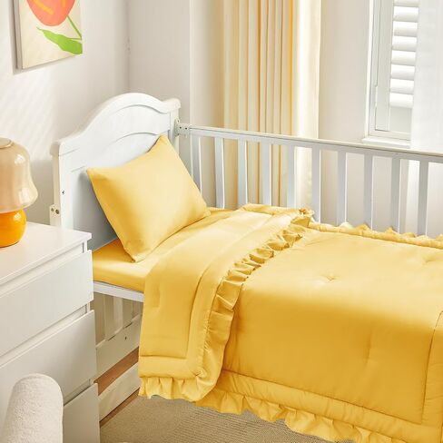 3 Pieces Crib Bedding Set Baby Ruffle Quilted Comforter with Fitted Sheet and Pillow - Cute Ruffled Shabby Chic Bedding Soft Blanket Design Gray in Kuwait