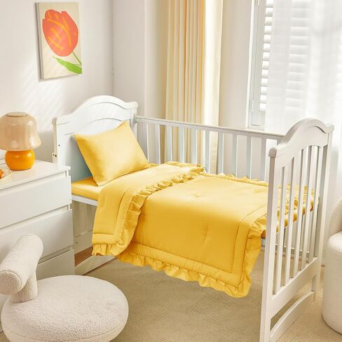 3 Pieces Crib Bedding Set Baby Ruffle Quilted Comforter with Fitted Sheet and Pillow - Cute Ruffled Shabby Chic Bedding Soft Blanket Design Gray in Kuwait