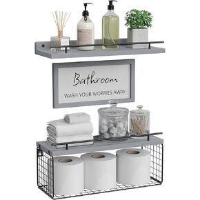 WOPITUES Floating Shelves for Bathroom Wall Decor Sign, Bathroom Organizers and Storage, Bathroom Shelves Over Toilet with Metal Guardrail-Black