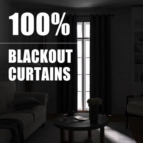 Rutterllow 100% Blackout Curtain Panels, Heat and Full Light Blocking Drapes with Grommets for Bedroom, Black Thermal Insulated Window Treatment Drapes for Living Room (Black, 2 Panels, 42 x 63 inch) in Kuwait