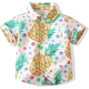Toddler Baby Boys Button Down Shirts Hawaiian Cartoon Print Slim-Fit Short Sleeve Cool Dress Shirt Cute Top for Kids