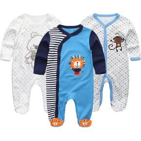 MAMIMAKA Baby Boys Girls Footies One-Piece Romper Long-Sleeve Jumsuit Cotton Newborn Clothes Set 3-Pack, 0-12 Months