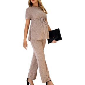 WDIRARA Women's Maternity 2 Piece Split Hem Belted Tee Shirt and Elastic Waist Pants Set in Saudi Arabia