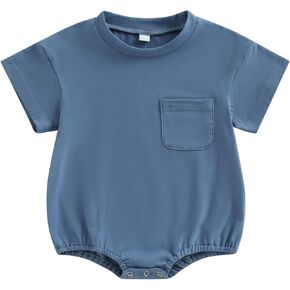 KtwHarnu Baby Boys Girls T Shirt Bubble Romper Oversized Solid Color Short Sleeve Pocket Bodysuit Jumpsuit Outfit