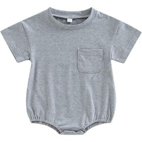 Unisex Baby Boy Girl Solid Color T Shirt Romper Oversized Short Sleeve Pocket Bubble Romper Bodysuit Summer Clothes