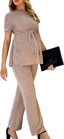 WDIRARA Women's Maternity 2 Piece Split Hem Belted Tee Shirt and Elastic Waist Pants Set in Saudi Arabia
