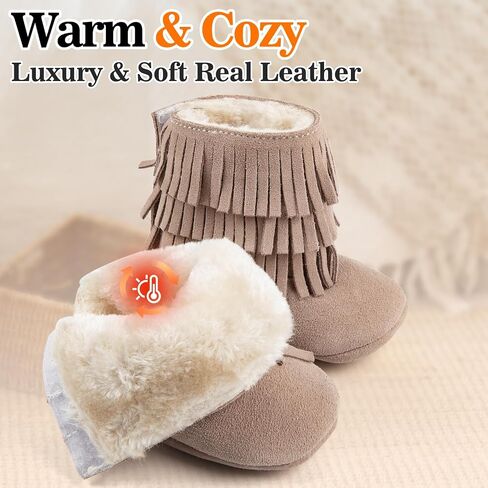 HONGTEYA Real Leather Fringe Baby Booties for Girls Boys Winter Warm Snow Boots with Tassels Hard Sole Fur Lined Toddler Moccasins Shoes in Kuwait