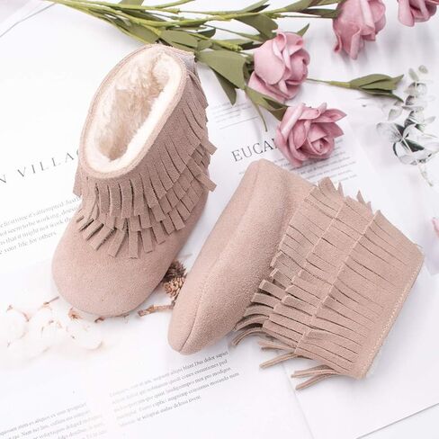 HONGTEYA Real Leather Fringe Baby Booties for Girls Boys Winter Warm Snow Boots with Tassels Hard Sole Fur Lined Toddler Moccasins Shoes in Kuwait