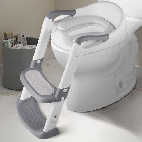 TEMFAU Potty Training Seat with Step Stool Ladder, Foldable Toddler Kids Training Seat with Handles & Soft Cushion, Height Adjustable, Non Slip Wide Step for Boys and Girls, Grey in Saudi Arabia