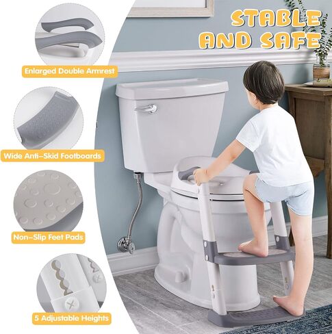 TEMFAU Potty Training Seat with Step Stool Ladder, Foldable Toddler Kids Training Seat with Handles & Soft Cushion, Height Adjustable, Non Slip Wide Step for Boys and Girls, Grey in Saudi Arabia