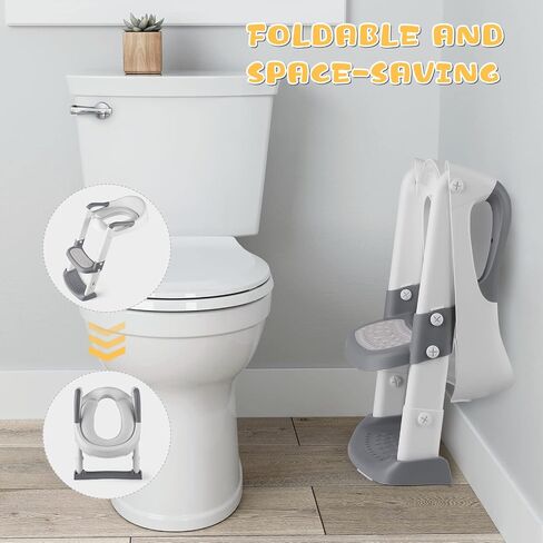 TEMFAU Potty Training Seat with Step Stool Ladder, Foldable Toddler Kids Training Seat with Handles & Soft Cushion, Height Adjustable, Non Slip Wide Step for Boys and Girls, Grey in Saudi Arabia