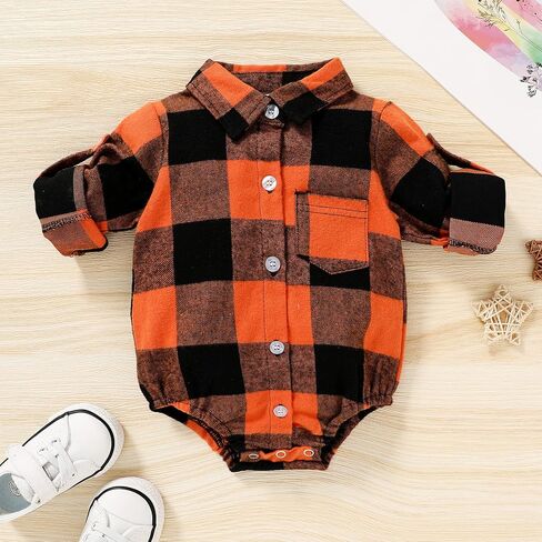 HAPPYMA Newborn Baby Boy Girls Plaid Outfit Flannel Romper Tops Infant Long Sleeve Button Down Plaid Casual Bodysuit Clothes in Saudi Arabia