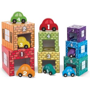 Melissa & Doug Nesting and Sorting Garages and Cars With 7 Graduated Garages and 7 Stackable Wooden Cars - Numbers Learning Toys, Car Garage Toy, Sorting And Stacking Toys For Toddlers Ages 2+ in Kuwait