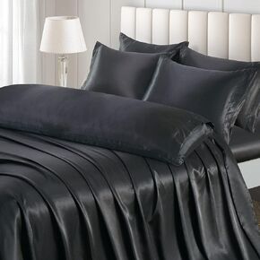 4 Pieces Satin Sheets Set Twin Size, Luxury Silky Black Satin Bed Sheets Set with 1 Deep Pocket Fitted Sheet, 1 Soft Flat Sheet, 1 Queen Pillowcases and 1 Body Pillowcase
