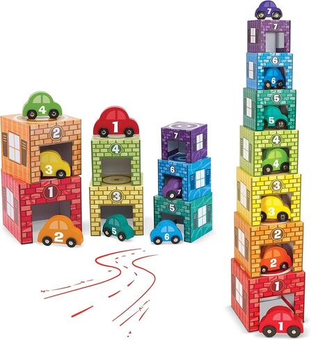 مليسا اند دوغ كراجات وسيارات متداخلة مع 7 كراجات متدرجة و7 سيارات خشبية قابلة للتكديس - العاب تعلم الارقام، لعبة جراج السيارات، العاب فرز وتكديس للاطفال الصغار من سن سنتين فما فوق in Kuwait