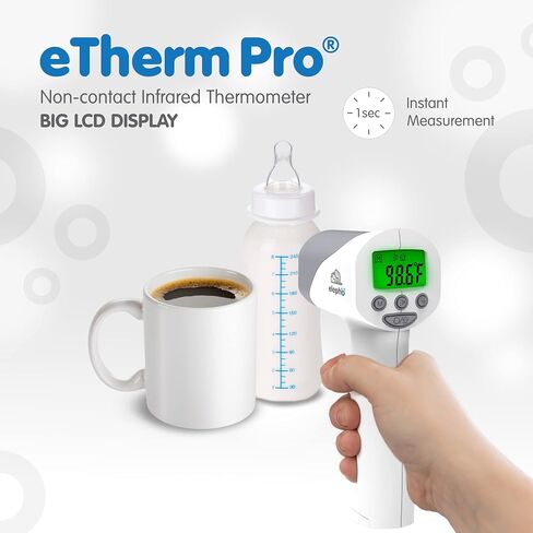 مقياس حرارة الجبهة بالأشعة تحت الحمراء عالي الجودة من Elepho eTherm Pro للاستخدام العائلي أو المكتبي. قراءات فورية للجسم أو الجسم أو السائل. شاشة LCD كبيرة. 32 قراءة للذاكرة in Kuwait
