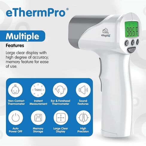 مقياس حرارة الجبهة بالأشعة تحت الحمراء عالي الجودة من Elepho eTherm Pro للاستخدام العائلي أو المكتبي. قراءات فورية للجسم أو الجسم أو السائل. شاشة LCD كبيرة. 32 قراءة للذاكرة in Kuwait