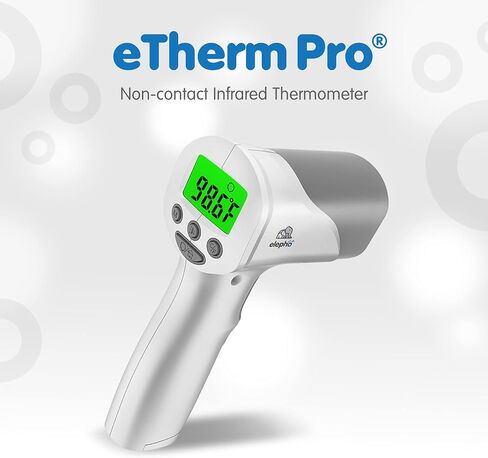 مقياس حرارة الجبهة بالأشعة تحت الحمراء عالي الجودة من Elepho eTherm Pro للاستخدام العائلي أو المكتبي. قراءات فورية للجسم أو الجسم أو السائل. شاشة LCD كبيرة. 32 قراءة للذاكرة in Kuwait