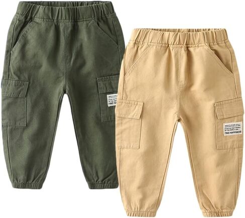 Feidoog Toddler Boys Pants 2/3 Pack Baby Cargo Cotton Joggers Sweatpants | Soft Cotton, Skin-friendly,Elastic Waistband,Cotton Pull-on Pants,Toddler Pants for 2-6T Boys in Kuwait