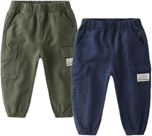 Feidoog Toddler Boys Pants 2/3 Pack Baby Cargo Cotton Joggers Sweatpants | Soft Cotton, Skin-friendly,Elastic Waistband,Cotton Pull-on Pants,Toddler Pants for 2-6T Boys in Saudi Arabia